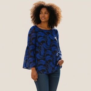Vintage Studio I Women Top Blue Paisley Bell Sleeve Sz 14 Retro Boho Blouse Chic